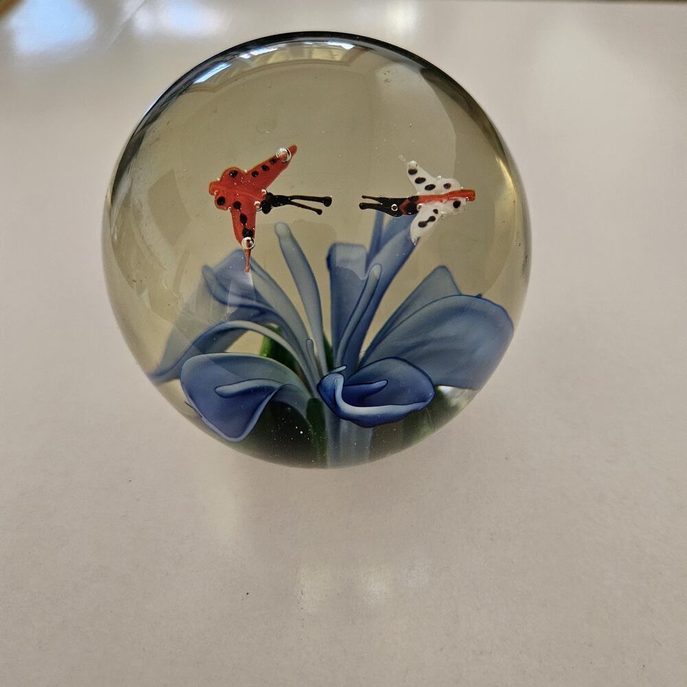 Art Glass Paperweight Blue Flower 2 Butterflies Nature Decor